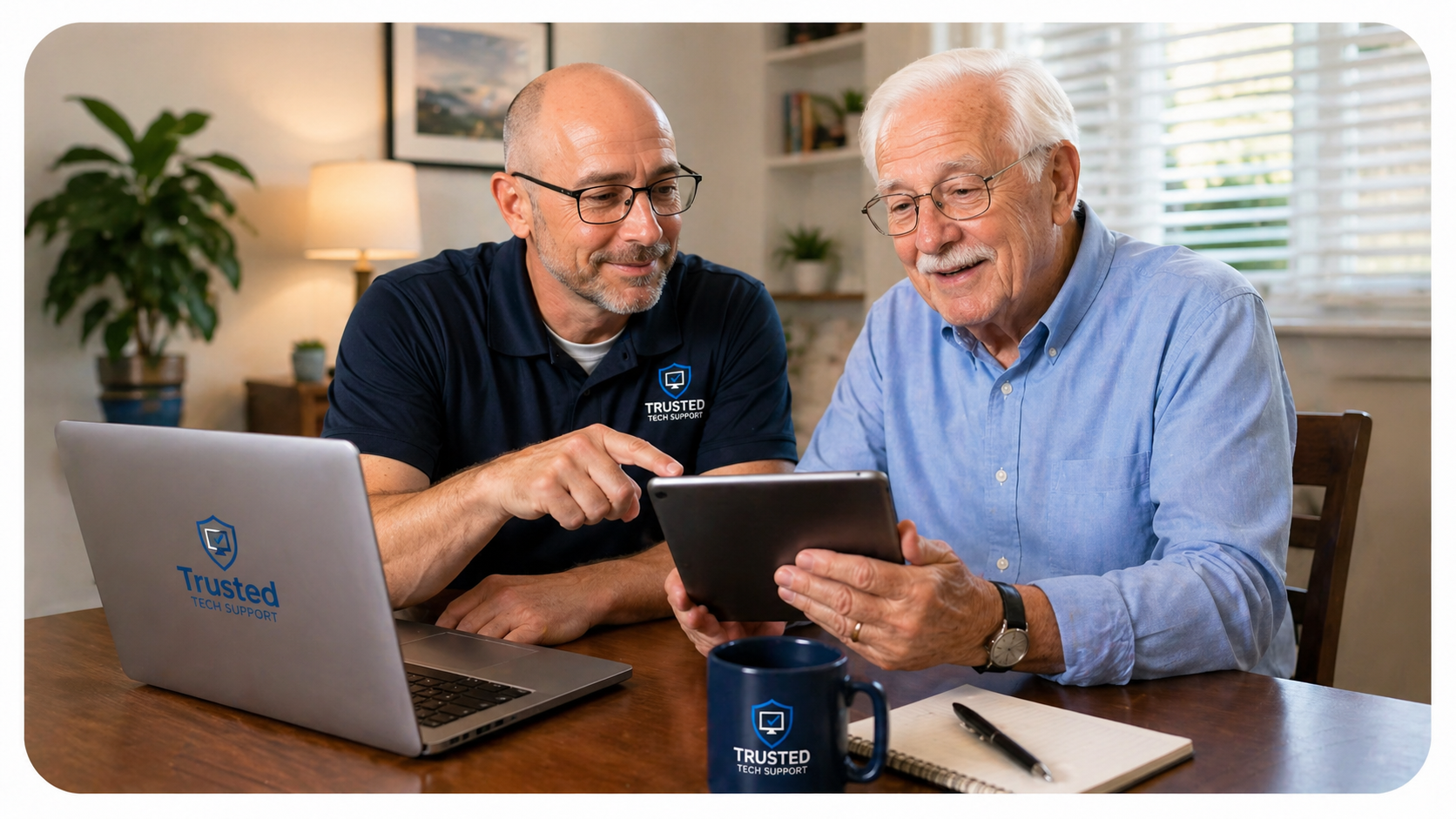 Trusted Tech Support technician helping a senior with a tablet